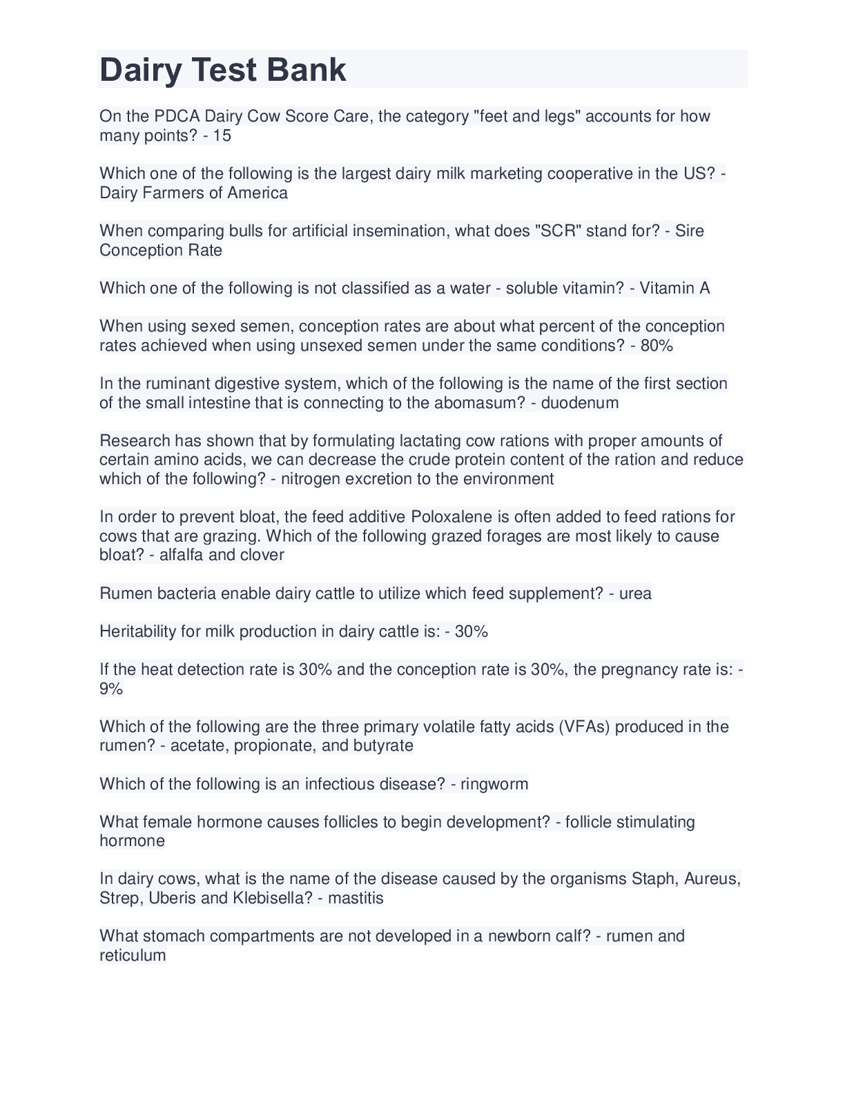 Preview image of Dairy Test Bank document